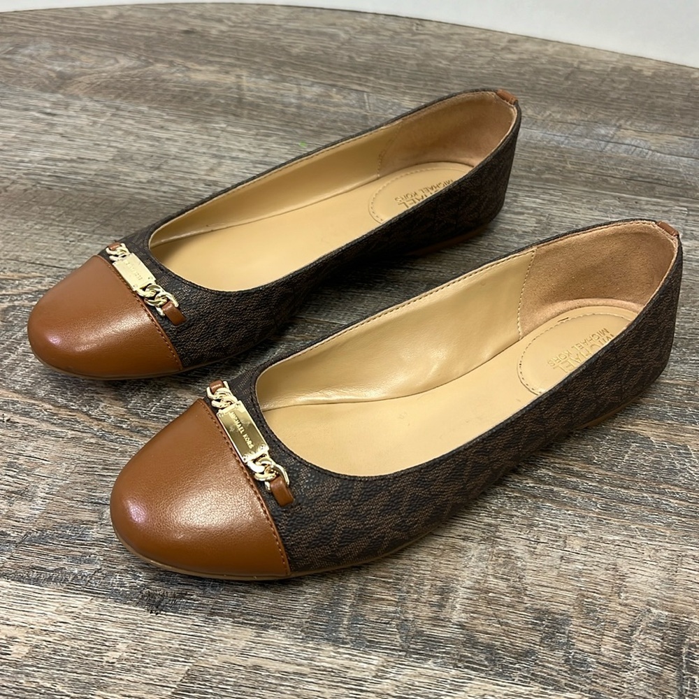 Michael Kors MK Signature Logo Leather Cap Toe Ballet Flats Brown Size 6.5